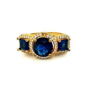 Gold Plated Sterling Silver Ring with Blue Sapphire Simulants and CZ